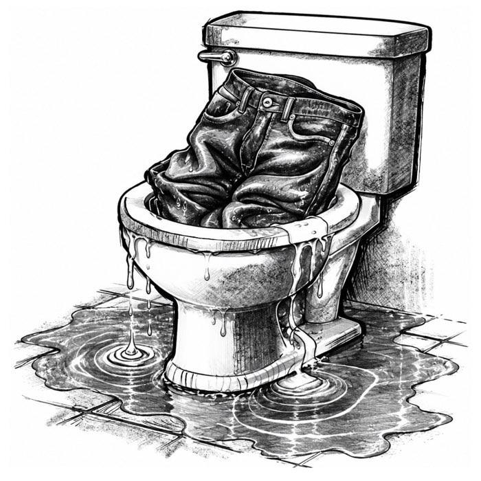 Black-and-white illustration of jeans soaking in a toilet