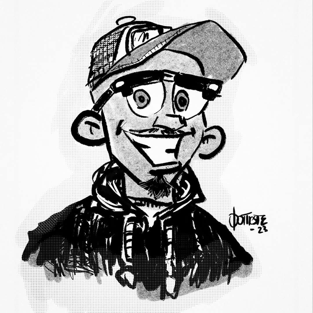 Cartoon portrait of Quincy Battieste wearing glasses and a cap